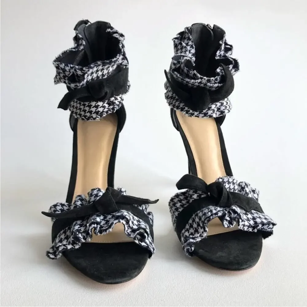 NEW Alexandre Birman Clarita Black Houndstooth Ruffle Sandals heels